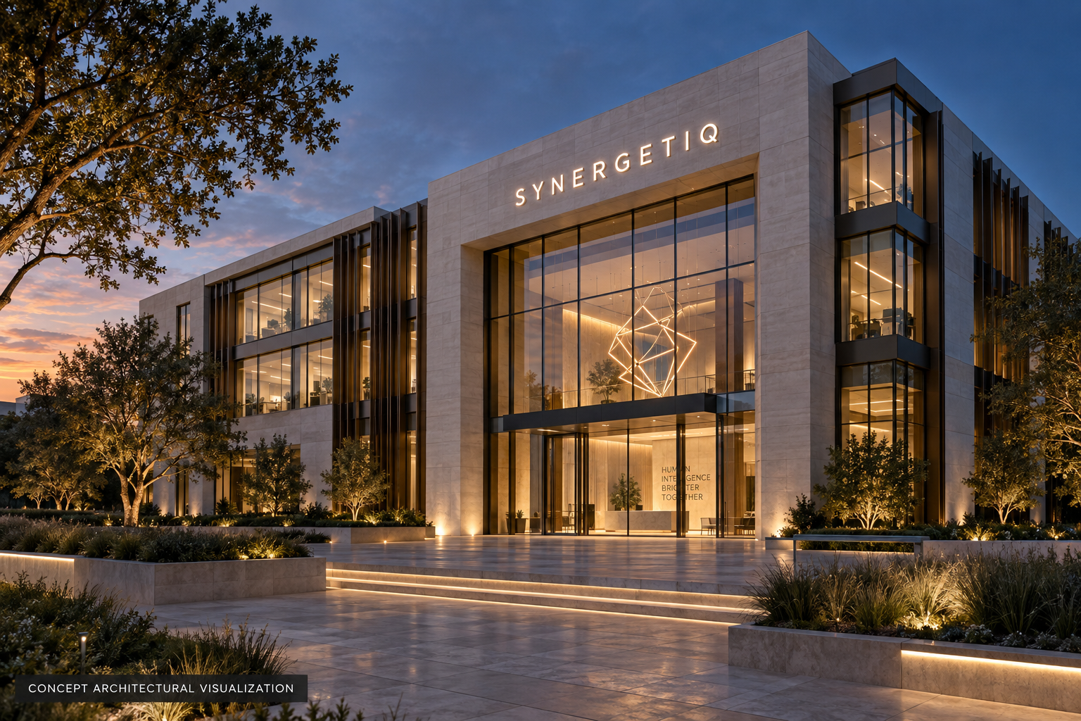 Concept visualization of the SYNERGETIQ building exterior at dusk: a travertine and glass headquarters with an illuminated geometric light sculpture above the entrance