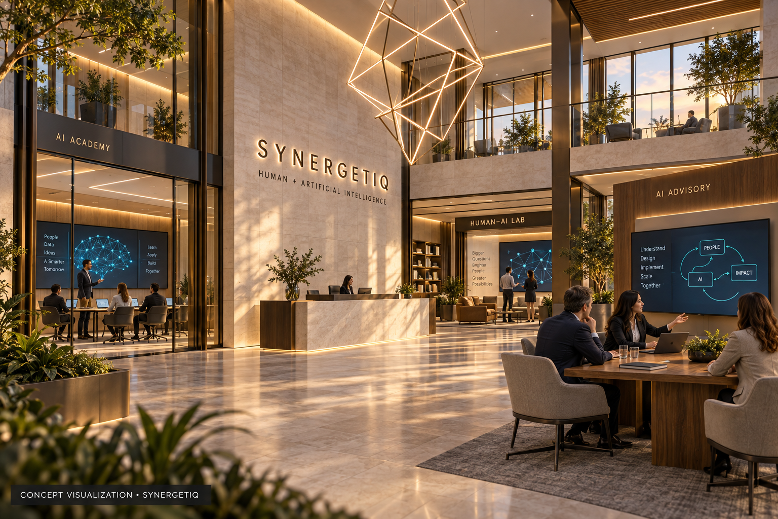Concept visualization of the SYNERGETIQ interior lobby: a warm two-level hall with an AI Academy, a Human–AI Lab and an AI Advisory area around a central reception