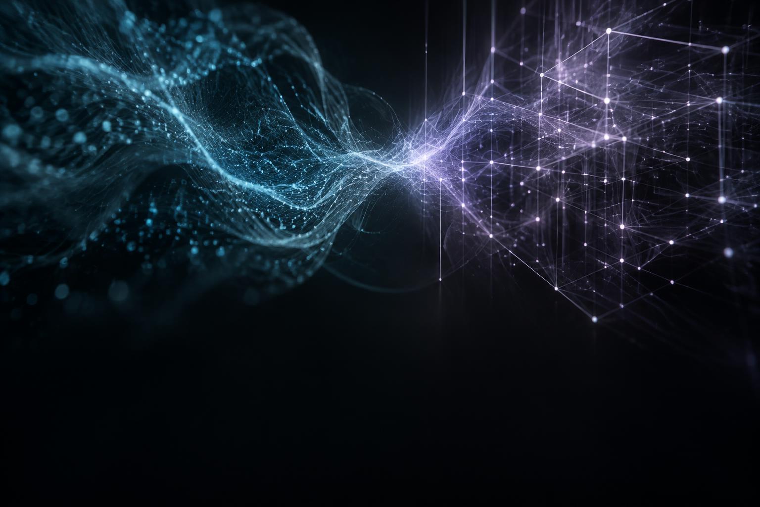 Organic cyan and geometric violet light structures converging